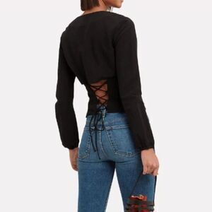 INTERMIX Marseille Black Lace-Up Top Tie Front Lace Back Scoop Neck Size 0 Linen